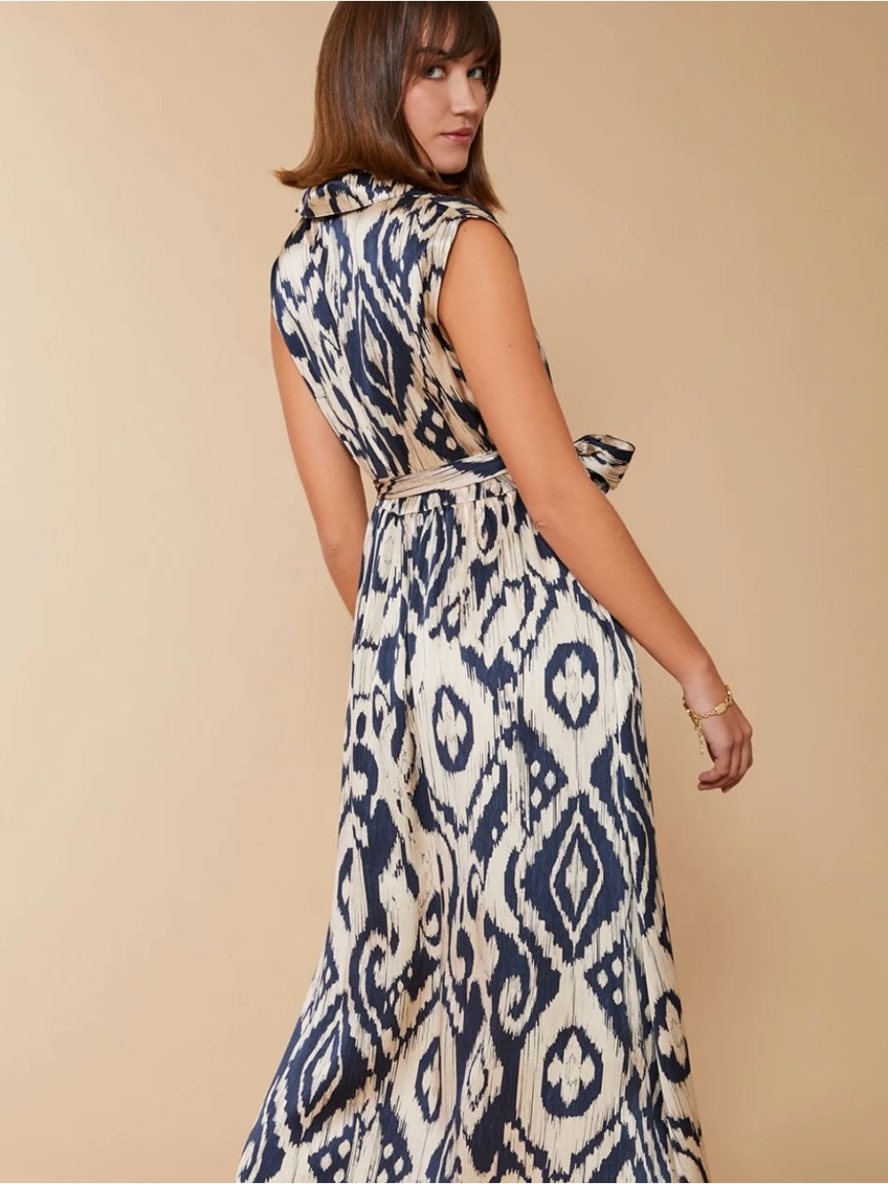 Hallie Midi Dress / Sleeveless Navy and Cream Ikat / Size S - Picture 3 of 7